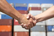 two business man handshaking before stack of containers