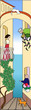 Cartoon illustration of narrow street