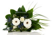 white blue flower bouquet mixed with green leaves isolated on wh