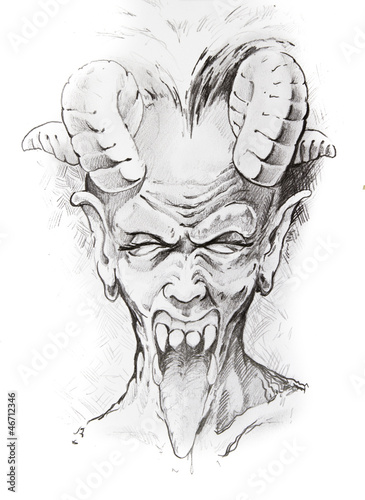 Illustration: Tattoo sketch of devil head, hand made Tattoo sketch of devil head, hand made