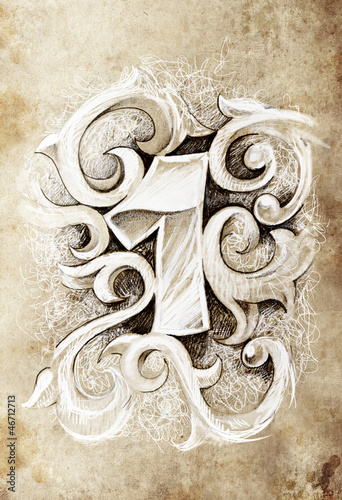 Illustration: Sketch of tattoo art, one number, hand made Sketch of tattoo art, one number, hand made