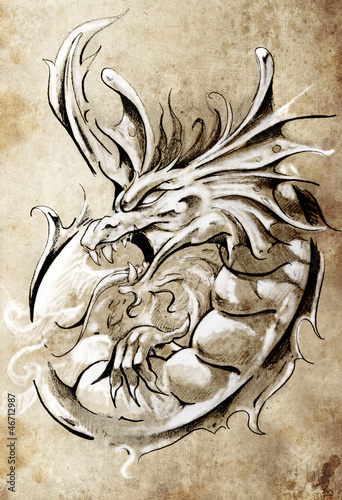 Illustration: Sketch of tattoo art, medieval dragon, vintage style Sketch of tattoo art, medieval dragon, vintage style