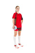 portrait einer jungen schönen blonden handballerin freigestellt