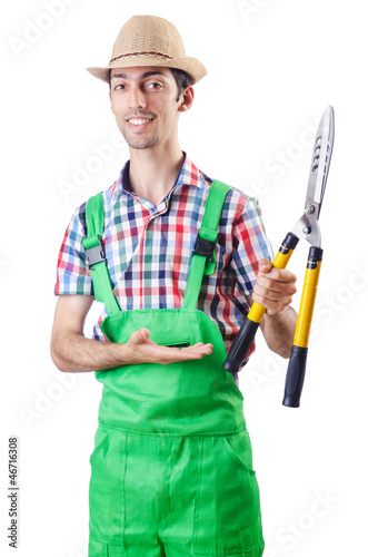 Photo: Man gardener with shears on white Man gardener with shears on white