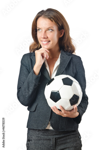 Photo: Businesswoman with football on white Businesswoman with football on white