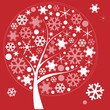 abstract winter tree with snowflakes of leaves on red background
