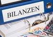 Bilanzen Ordner mit Geld und Taschenrechner