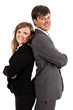 Business couple standing back to back smiling at the camera