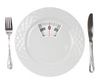 Diet meal. White plate with weight scale