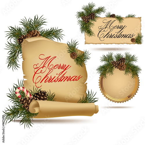 Vector: Set of Christmas vintage scrolls and stickers Set of Christmas vintage scrolls and stickers