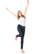 Excited woman with arms up