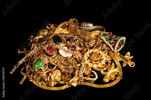 Photo: Pile of Gold Jewelry on Black Cloth Background Pile of Gold Jewelry on Black Cloth Background