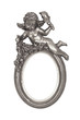 Oval baroque silver frame with cupid isolated on white.