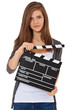 Attraktives Mädchen hält Filmklappe