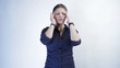 Businesswoman has headache, isolated