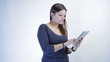 Video: Young beautiful woman with tablet iolated Young beautiful woman with tablet iolated