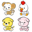 The front sit down Chickens and Monkey, Dogs and Pigs Mascot. Th