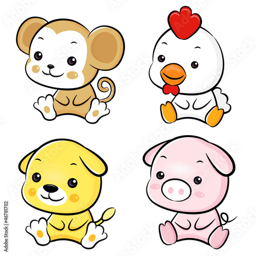 Vector: The front sit down Chickens and Monkey, Dogs and Pigs Mascot. Th The front sit down Chickens and Monkey, Dogs and Pigs Mascot. Th