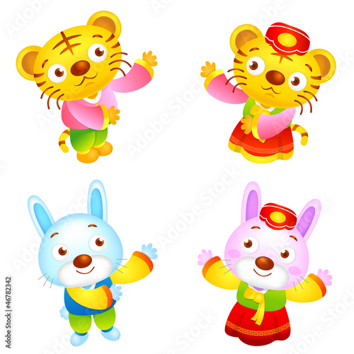 Vector: Korean clothes put on the front stand up Tiger and Rabbit Mascot Korean clothes put on the front stand up Tiger and Rabbit Mascot