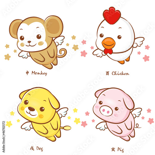 Vector: Flying Chickens and Monkey, Dogs and Pigs Mascot. The East Twelv Flying Chickens and Monkey, Dogs and Pigs Mascot. The East Twelv