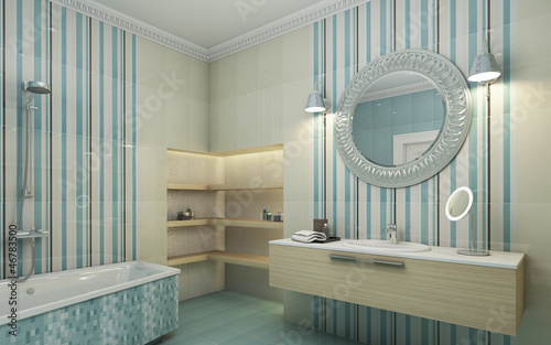 Illustration: Bahtroom Blue Tile Round Mirror Bahtroom Blue Tile Round Mirror