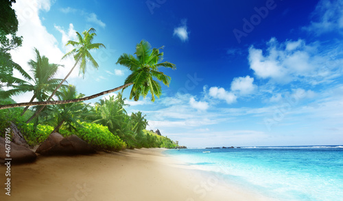 Photo: beach in sunset time on Mahe island in Seychelles beach in sunset time on Mahe island in Seychelles