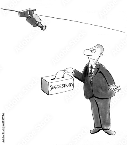 Illustration: Suggestion box with a camera worries worker Suggestion box with a camera worries worker