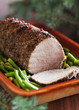 Photo: Roast beef with spices and green beans. Selective focus Roast beef with spices and green beans. Selective focus