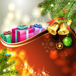 Wood background with Christmas bells and gifts