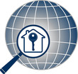 icon with magnifier, key, house and planet silhouette