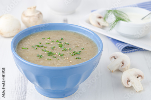 Photo: Bowl of mushroom soup with fresh mushrooms and dill close up hor Bowl of mushroom soup with fresh mushrooms and dill close up hor