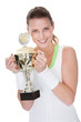 Jubilant winner holding up the trophy