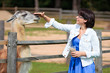 Young attractive woman feeding lama