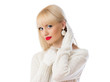 Beautiful woman in white sweater with red lips