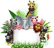 funny animal cartoon with blank sign and tropical forest