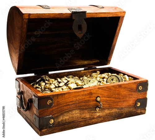 Photo: Gold nuggets and coins in chest box Gold nuggets and coins in chest box