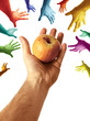 Hand Sharing Juicy Nutritious Apple to Community Multicolor