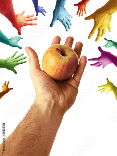 Photo: Hand Sharing Juicy Nutritious Apple to Community Multicolor Hand Sharing Juicy Nutritious Apple to Community Multicolor