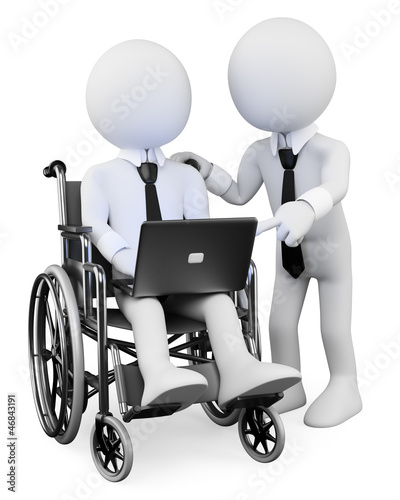Illustration: 3D white people. Disabled businessman working with a partner 3D white people. Disabled businessman working with a partner