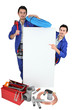 plumber with tools pointing at board