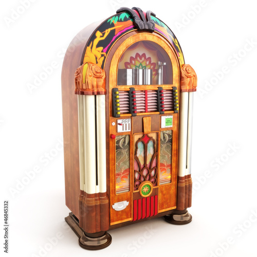Illustration: Retro vintage jukebox on a white background Retro vintage jukebox on a white background