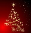 Vector: Sparkling fir-tree with gifts from stars, red background Sparkling fir-tree with gifts from stars, red background