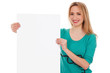Photo: woman with blank white board on white background woman with blank white board on white background