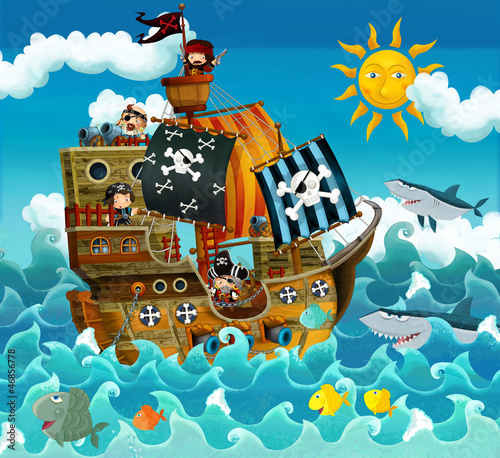 Fototapeta The pirates on the sea - illustration for the children