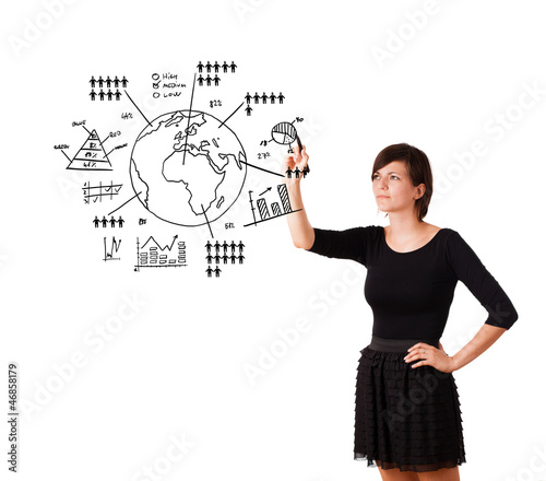 Photo: Young woman drawing globe with diagrams isolated on white Young woman drawing globe with diagrams isolated on white