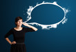 Young woman with abstract modern speech bubble