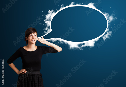 Photo: Young woman with abstract modern speech bubble Young woman with abstract modern speech bubble