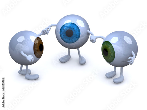Illustration: three eyeball with arms and legs in different colors holding han three eyeball with arms and legs in different colors holding han