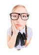 Bored nerdy girl or tooth ache concept