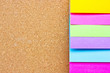 Photo: Six colorful sticky notes on wooden board. Six colorful sticky notes on wooden board.
